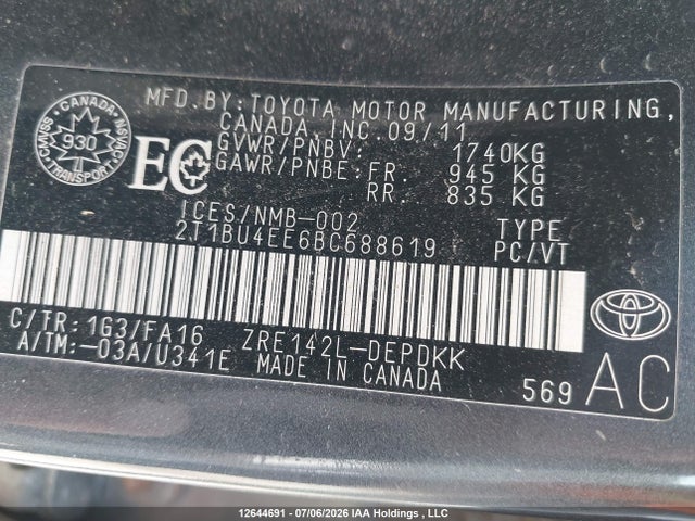 Продаж на аукціоні авто 2011 Toyota Corolla S/le, vin: 2T1BU4EE6BC688619, номер лоту: 12644691