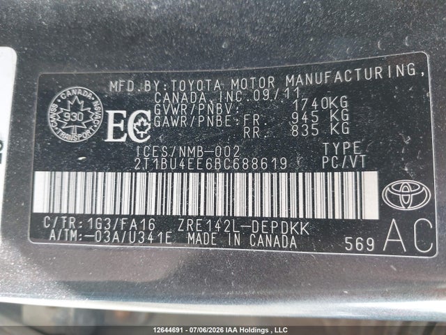 Продаж на аукціоні авто 2011 Toyota Corolla S/le, vin: 2T1BU4EE6BC688619, номер лоту: 12644691