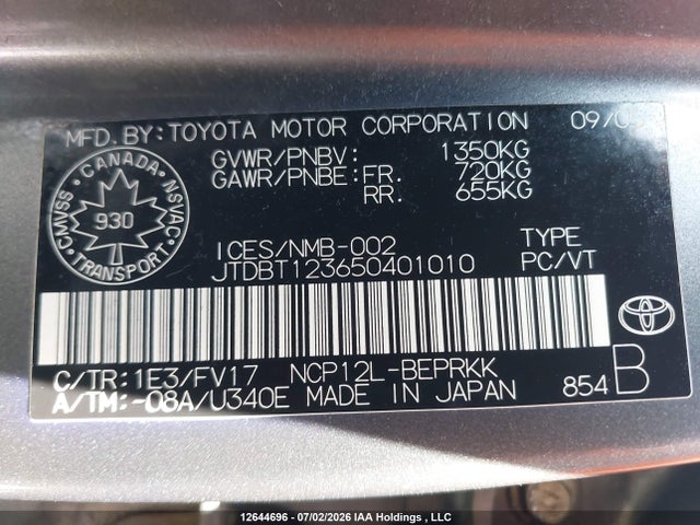 Продажа на аукционе авто 2005 Toyota Echo, vin: JTDBT123650401010, номер лота: 12644696