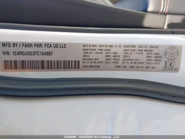 Продажа на аукционе авто 2026 Dodge Durango Gt, vin: 1C4RDJDG3TC154987, номер лота: 12644699