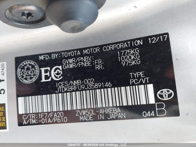 Продажа на аукционе авто 2018 Toyota Prius, vin: JTDKBRFU9J3589146, номер лота: 12644707