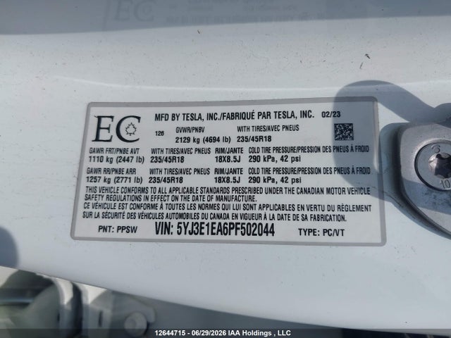 Продаж на аукціоні авто 2023 Tesla Model 3 Rwd, vin: 5YJ3E1EA6PF502044, номер лоту: 12644715