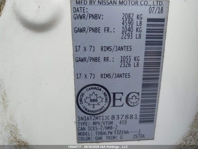 12644717 :رقم المزاد ، 5N1AT2MT1JC837881 vin ، 2018 Nissan Rogue S/sl مزاد بيع