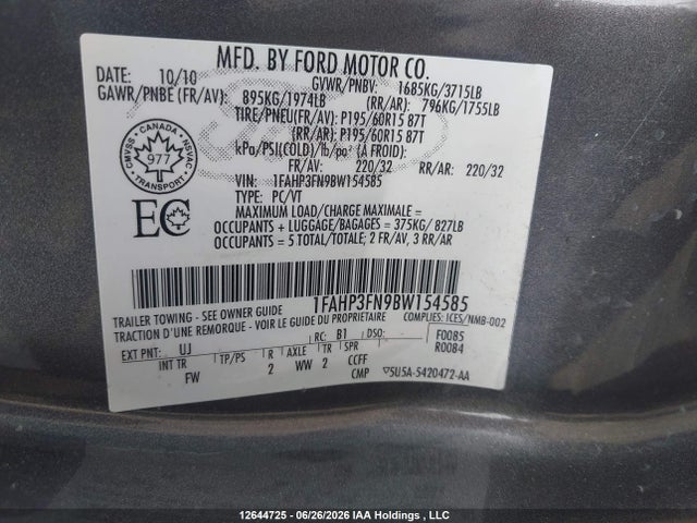 12644725 :رقم المزاد ، 1FAHP3FN9BW154585 vin ، 2011 Ford Focus مزاد بيع