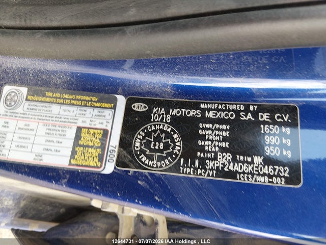 Продажа на аукционе авто 2019 Kia Forte Fe/lx/lxs, vin: 3KPF24AD6KE046732, номер лота: 12644731