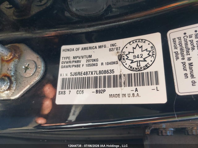 Aukcja sprzedaży 2007 Honda Cr-v Exl, vin: 5J6RE487X7L808635, numer aukcji: 12644738
