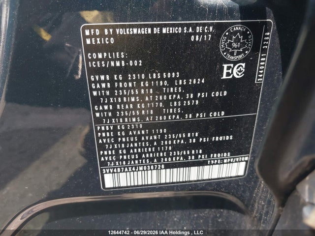3VV4B7AX4JM036726 Volkswagen Tiguan Sel Premium