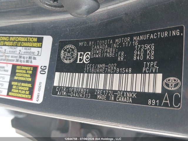 12644758 :رقم المزاد ، 2T1BURHE7HC791548 vin ، 2017 Toyota Corolla Le مزاد بيع