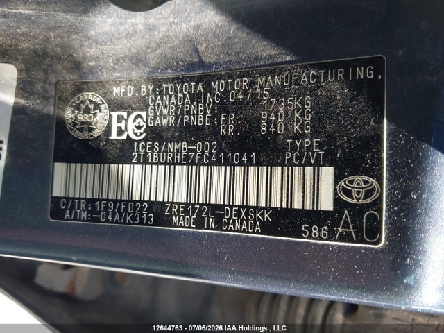2015 Toyota Corolla L/le/le Pls/prm/s/s Pls მანქანა იყიდება აუქციონზე, vin: 2T1BURHE7FC411041, აუქციონის ნომერი: 12644763