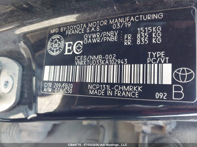 Продажа на аукционе авто 2019 Toyota Yaris Le, vin: VNKKTUD33KA102943, номер лота: 12644770
