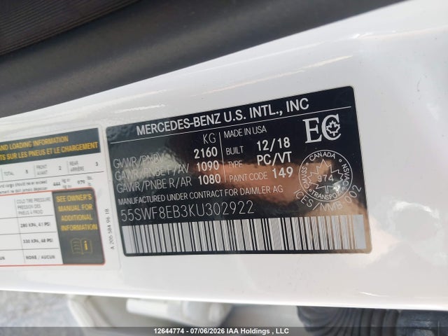 12644774 :رقم المزاد ، 55SWF8EB3KU302922 vin ، 2019 Mercedes-benz C 300 4matic مزاد بيع