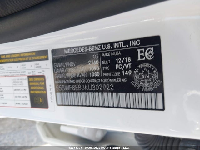 12644774 :رقم المزاد ، 55SWF8EB3KU302922 vin ، 2019 Mercedes-benz C 300 4matic مزاد بيع