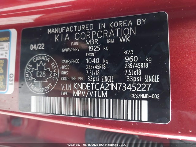 12631647 :رقم المزاد ، KNDETCA21N7345227 vin ، 2022 Kia Seltos Sx Turbo W/black Interior/sx Turbo W/burgundy Interior مزاد بيع