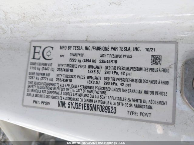 Aukcja sprzedaży 2021 Tesla Model 3 Long Range, vin: 5YJ3E1EB5MF089523, numer aukcji: 12619170