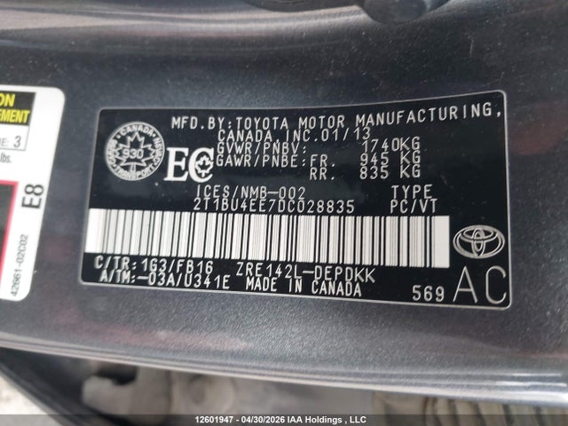 2013 Toyota Corolla Ce მანქანა იყიდება აუქციონზე, vin: 2T1BU4EE7DC028835, აუქციონის ნომერი: 12601947