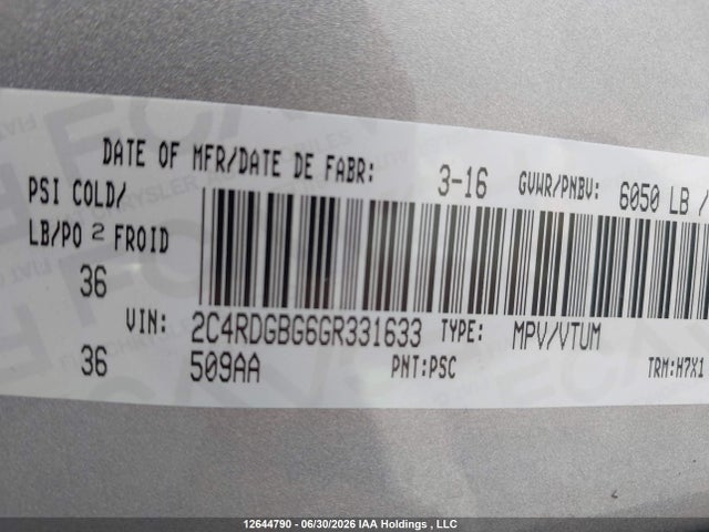 Dodge Grand Caravan Se/sxt 2016 2C4RDGBG6GR331633 Image 9