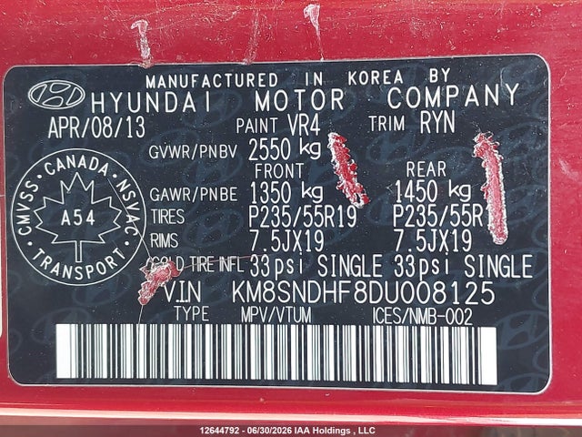 2013 Hyundai Santa Fe Gls მანქანა იყიდება აუქციონზე, vin: KM8SNDHF8DU008125, აუქციონის ნომერი: 12644792