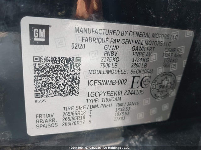 2020 Chevrolet Silverado 1500 Rst მანქანა იყიდება აუქციონზე, vin: 1GCPYEEK6LZ244105, აუქციონის ნომერი: 12644800
