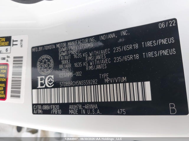 Aukcja sprzedaży 2022 Toyota Highlander Hybrid Le, vin: 5TDBBRCH5NS559282, numer aukcji: 12644807