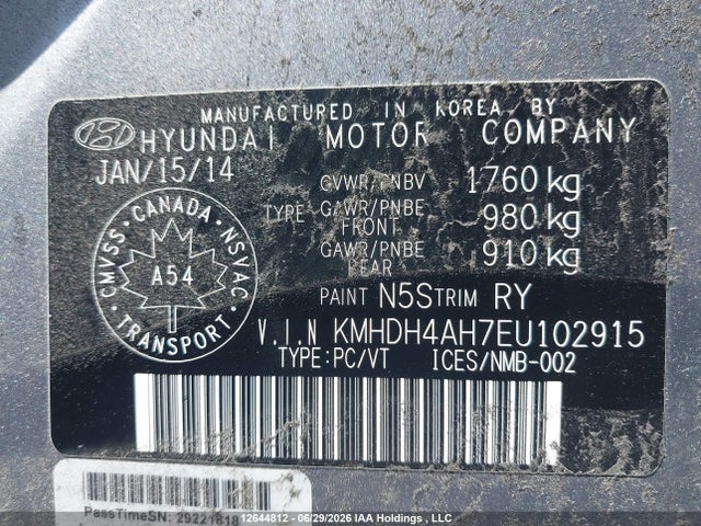 12644812 :رقم المزاد ، KMHDH4AH7EU102915 vin ، 2014 Hyundai Elantra Limited مزاد بيع