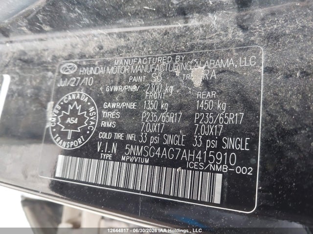 12644817 :رقم المزاد ، 5NMSG4AG7AH415910 vin ، 2010 Hyundai Santa Fe Gl 3.5 مزاد بيع