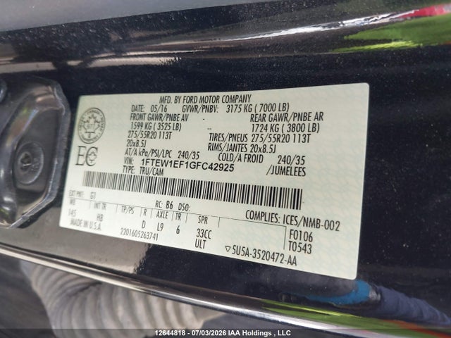 Продаж на аукціоні авто 2016 Ford F-150 King Ranch/lariat/platinum/xlt, vin: 1FTEW1EF1GFC42925, номер лоту: 12644818