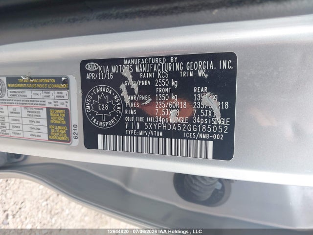 2016 Kia Sorento 3.3l Ex/3.3l Ex+ მანქანა იყიდება აუქციონზე, vin: 5XYPHDA52GG185052, აუქციონის ნომერი: 12644820