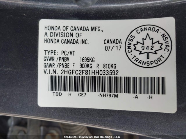 2017 Honda Civic Ex მანქანა იყიდება აუქციონზე, vin: 2HGFC2F81HH033592, აუქციონის ნომერი: 12644824