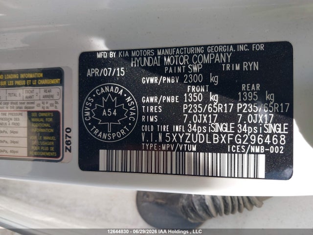 12644830 :رقم المزاد ، 5XYZUDLBXFG296468 vin ، 2015 Hyundai Santa Fe مزاد بيع