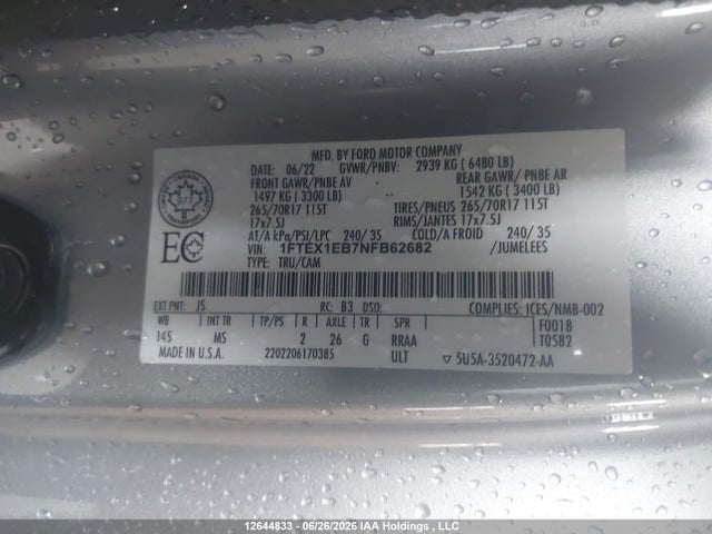 2022 Ford F-150 Xlt მანქანა იყიდება აუქციონზე, vin: 1FTEX1EB7NFB62682, აუქციონის ნომერი: 12644833