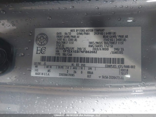 2022 Ford F-150 Xlt მანქანა იყიდება აუქციონზე, vin: 1FTEX1EB7NFB62682, აუქციონის ნომერი: 12644833