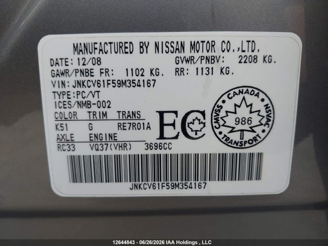 Aukcja sprzedaży 2009 Infiniti G37, vin: JNKCV61F59M354167, numer aukcji: 12644843