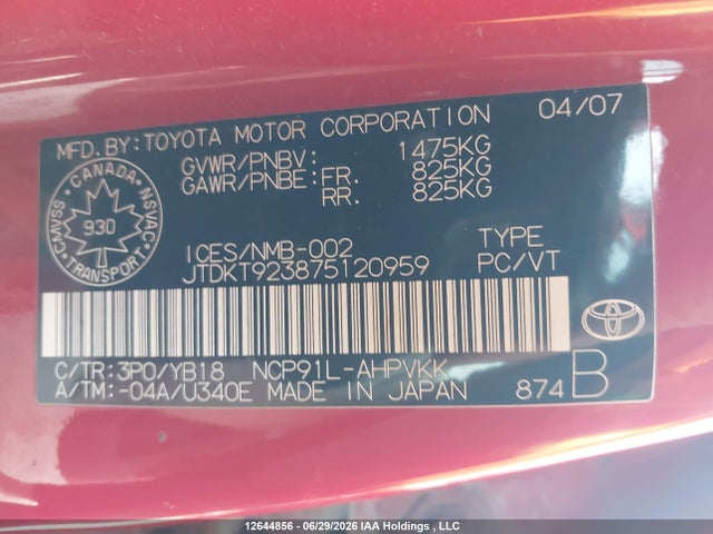 Продажа на аукционе авто 2007 Toyota Yaris Le/rs, vin: JTDKT923875120959, номер лота: 12644856