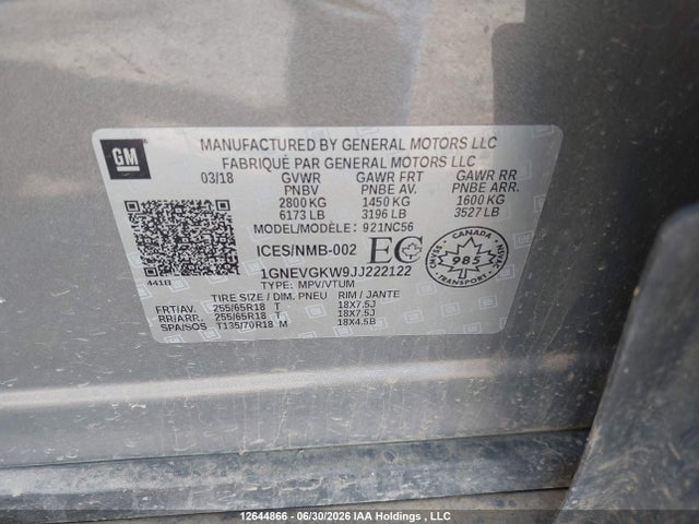 2018 Chevrolet Traverse Lt მანქანა იყიდება აუქციონზე, vin: 1GNEVGKW9JJ222122, აუქციონის ნომერი: 12644866