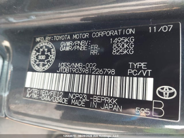 Aukcja sprzedaży 2008 Toyota Yaris, vin: JTDBT903981226798, numer aukcji: 12644870