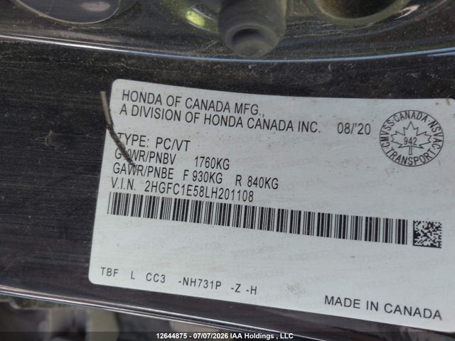 12644875 :رقم المزاد ، 2HGFC1E58LH201108 vin ، 2020 Honda Civic Si Si مزاد بيع