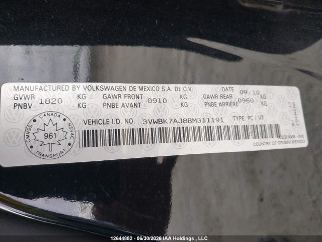 Продаж на аукціоні авто 2011 Volkswagen Jetta Se, vin: 3VWBK7AJ8BM311191, номер лоту: 12644882