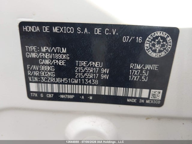 2016 Honda Hr-v Ex მანქანა იყიდება აუქციონზე, vin: 3CZRU6H51GM113438, აუქციონის ნომერი: 12644888