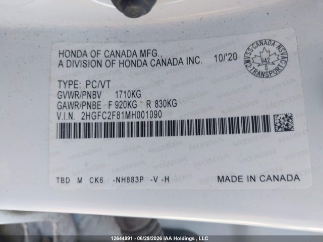 Aukcja sprzedaży 2021 Honda Civic Sport, vin: 2HGFC2F81MH001090, numer aukcji: 12644891