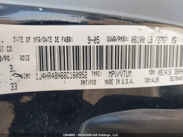 12644892 :رقم المزاد ، 1J4HR48N66C160952 vin ، 2006 Jeep Grand Cherokee Laredo/columbia/freedom مزاد بيع