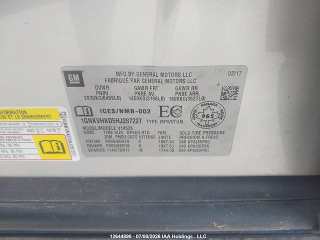 Chevrolet Traverse 2lt 2017 1GNKVHKD5HJ287227 Image 9
