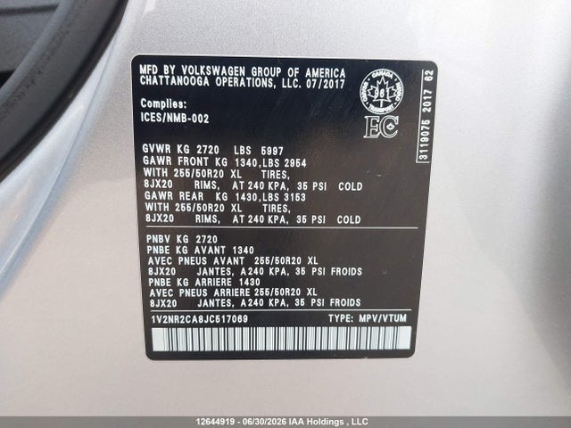 Aukcja sprzedaży 2018 Volkswagen Atlas 3.6 Fsi Execline, vin: 1V2NR2CA8JC517069, numer aukcji: 12644919