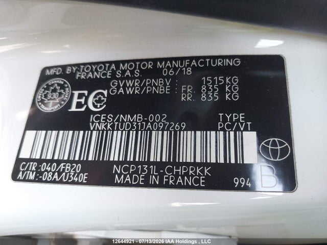 12644921 :رقم المزاد ، VNKKTUD31JA097269 vin ، 2018 Toyota Yaris L/le/se مزاد بيع