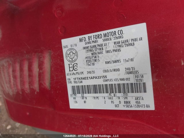 Продажа на аукционе авто 2010 Ford Ranger Super Cab, vin: 1FTKR4EE1APA33155, номер лота: 12644925