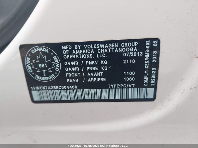 Aukcja sprzedaży 2014 Volkswagen Passat Sel, vin: 1VWCN7A35EC004466, numer aukcji: 12644927