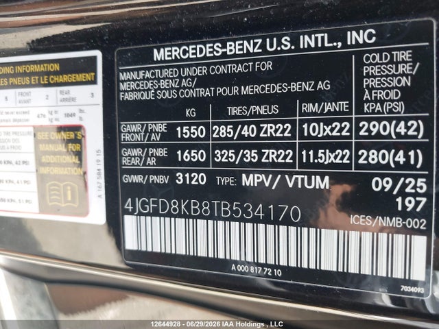 12644928 :رقم المزاد ، 4JGFD8KB8TB534170 vin ، 2026 Mercedes-benz Mercdez Benz مزاد بيع