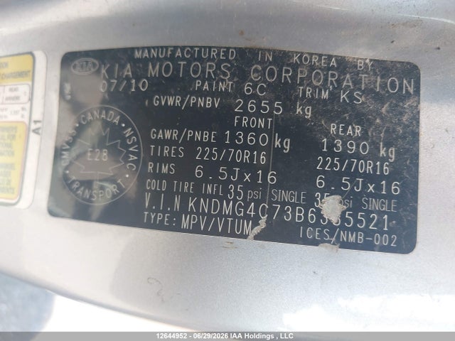 Aukcja sprzedaży 2011 Kia Sedona Lx/lx Convenience, vin: KNDMG4C73B6385521, numer aukcji: 12644952