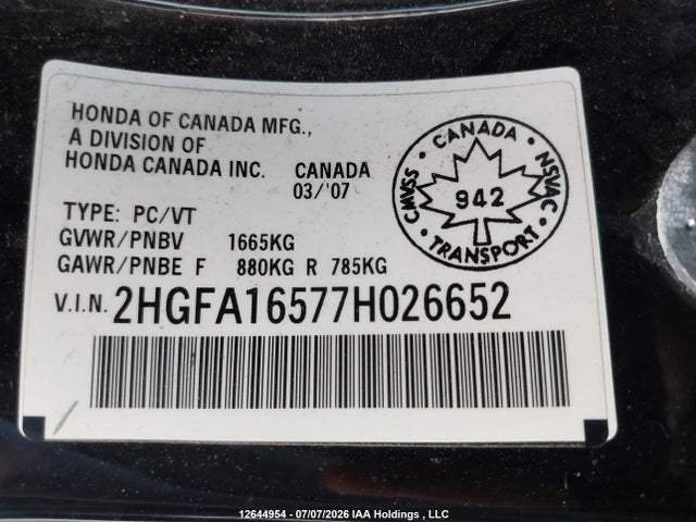 Продаж на аукціоні авто 2007 Honda Civic Lx, vin: 2HGFA16577H026652, номер лоту: 12644954