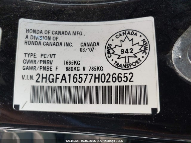 Продаж на аукціоні авто 2007 Honda Civic Lx, vin: 2HGFA16577H026652, номер лоту: 12644954