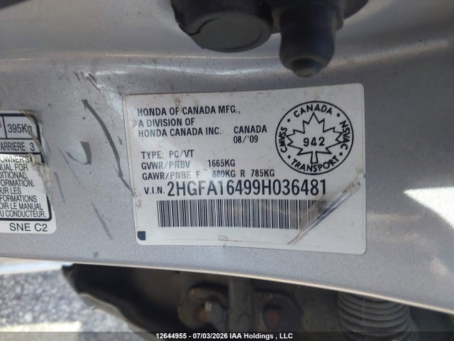 2009 Honda Civic Dx-g მანქანა იყიდება აუქციონზე, vin: 2HGFA16499H036481, აუქციონის ნომერი: 12644955